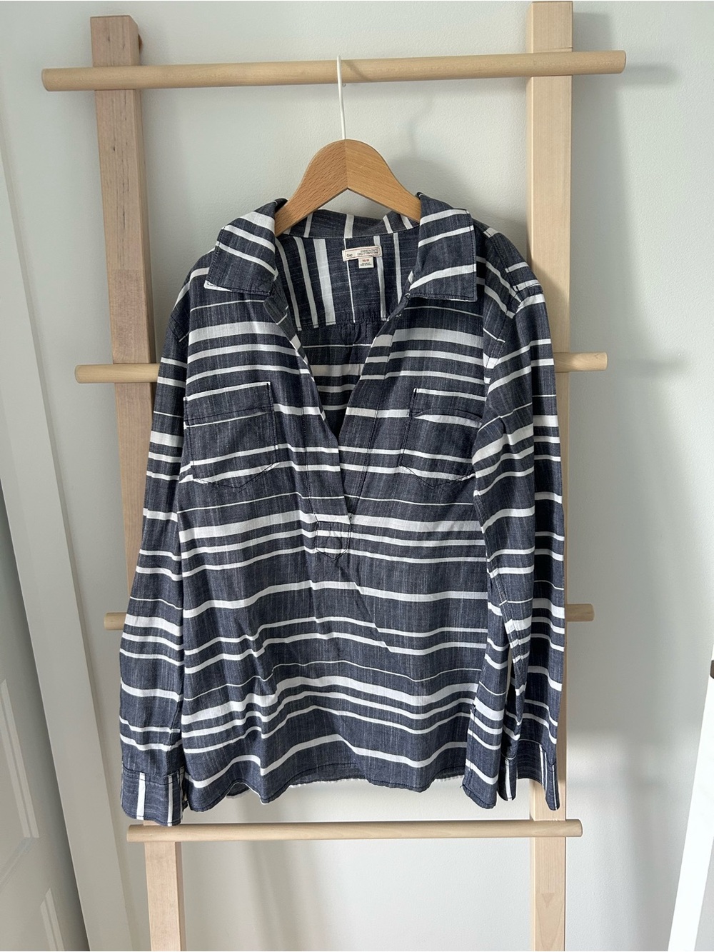GAP Navy and White Horizontal Stripe Button-Front Shirt